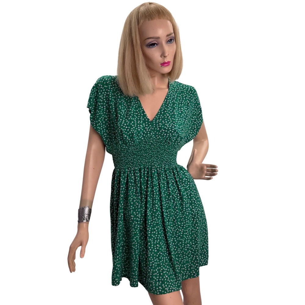 Bebop Green Floral Smocked Waist Mini Dress‎ V-Neck Cap Sleeve Cottagecore